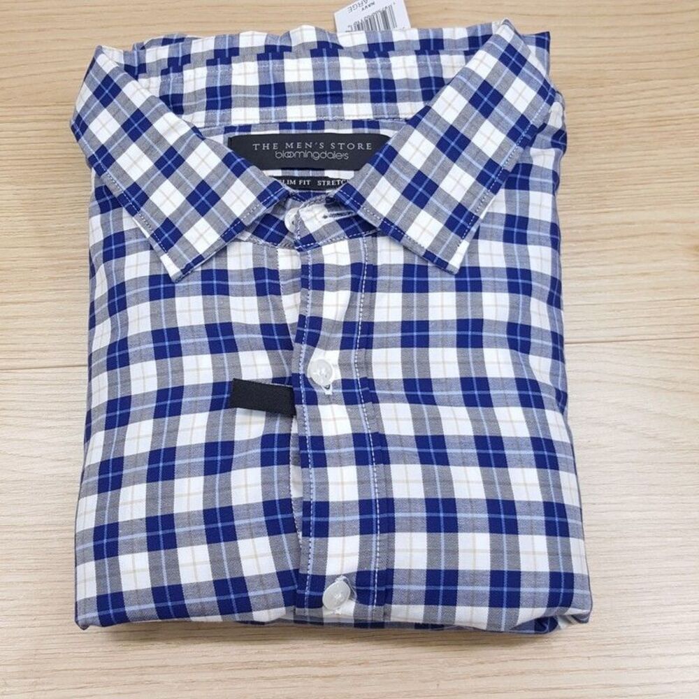 BLOOMINGDALES Shirt Mens XXL Blue White Plaid Check Button Up Slim Fit Stretch